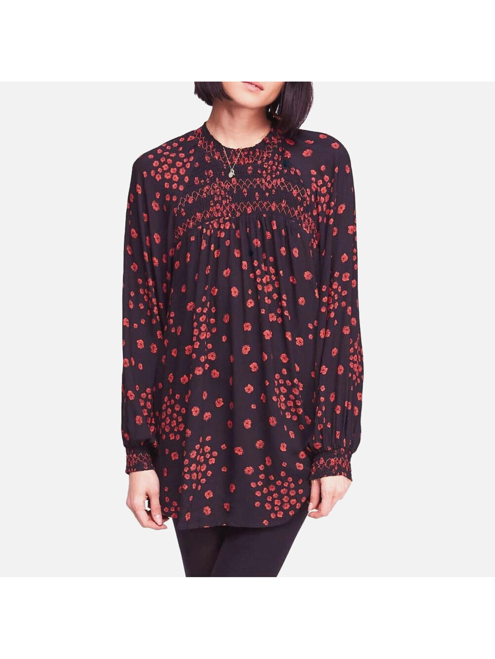 Free People S Small Red Black Flowers In Her Hair Smock Tunic Blouse Top